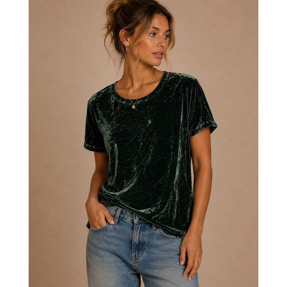 Eileen Fisher Womens Top XL Green Crushed Velvet Silk Blend Short Sleeve Tee